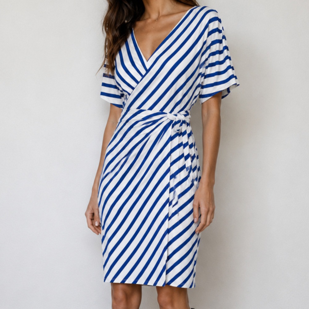 NWT Lauren Ralph Lauren Blue White Striped Faux Wrap Jersey Dress SZ 16 Nautical